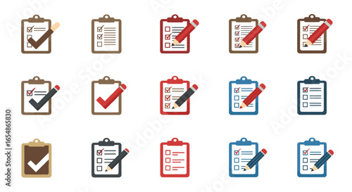 Diverse clipboards with checkmarks and pencils in colorful flat icons set
