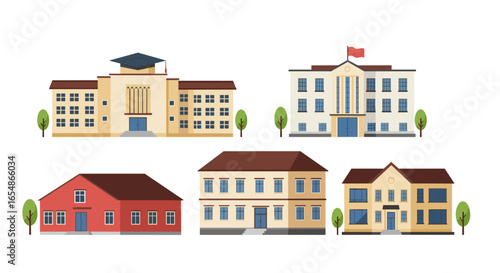 Set of flat style educational buildings with different designs and colors