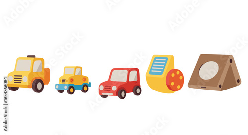 Colorful cartoon toy cars and shapes in 3d style for kids' fun and learning