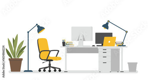 Modern office desk setup with minimalist workspace and technology
