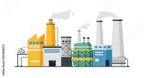 Industrial factory scene with chimneys and smoke in flat design style