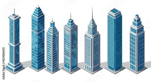 Modern isometric skyscrapers collection with blue glass facades