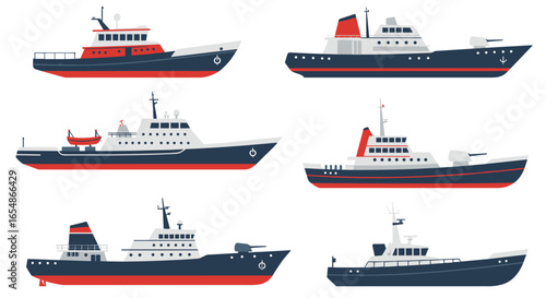 Set of flat stylish cargo ships collection