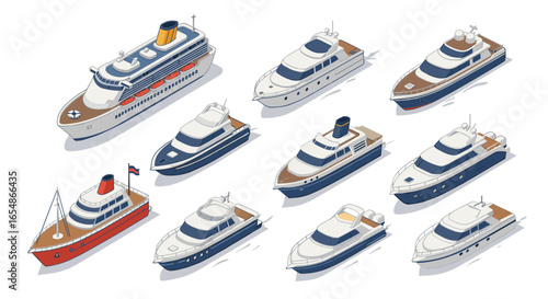 Variety of stylish isometric yachts and boats on white background