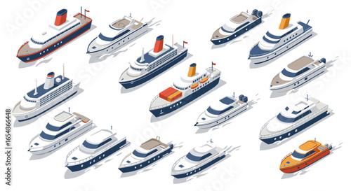 Isometric luxury and cargo ships collection: modern maritime design in motion