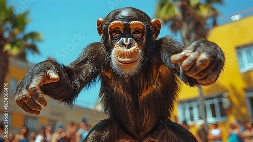 Fototapeta Naklejka Na Ścianę i Meble -  Playful monkey breakdancing on a city street