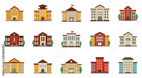 Set of flat style university and school buildings with trees in various colors and designs