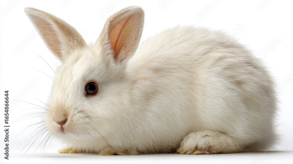 Obraz premium A close-up studio portrait of a fluffy, white rabbit against a clean white background