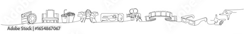 Minimalist composition of clapper, theater, popcorn, film, and iconic cinema gestures in one line art