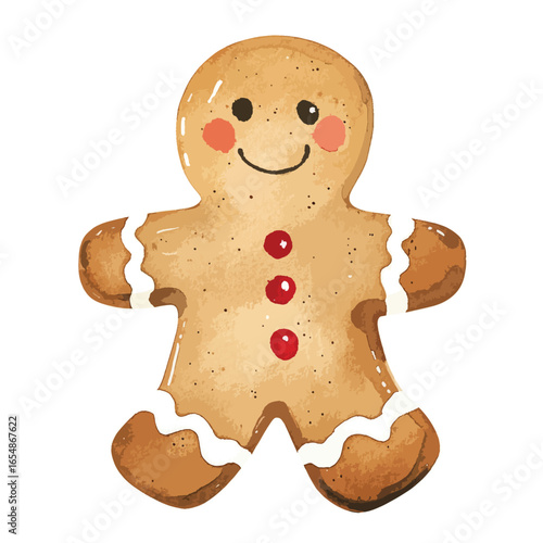 Watercolor Gingerbread Man with Red Buttons and Frosting Detail