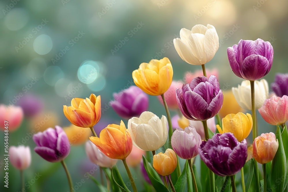 Fototapeta premium Vibrant Tulips Blooming in a Colorful Flower Garden Scene