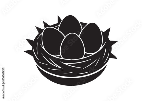 Eggs in the nest silhouette black vector white background