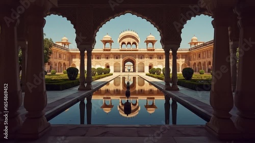 Amber Palace Reflection in Water Pool Through Archway in Jaipur India Under Clear Blue Sky With Intricate Stone Carvings and Lush Greenery