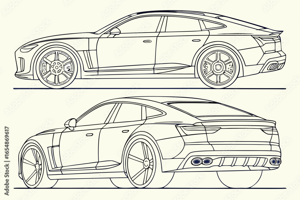 Fototapeta premium Modern luxury sedan side and rear view line art