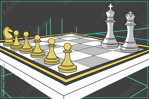 Chess game with white king and queen facing yellow pawns and knight