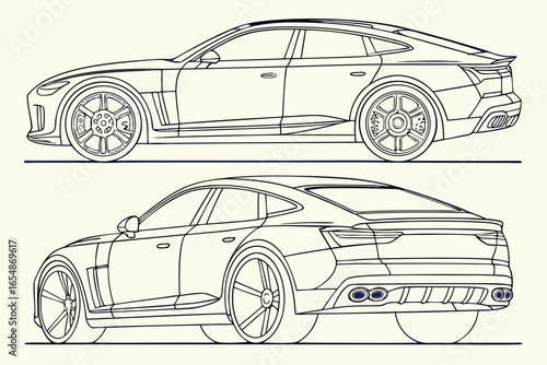 Modern luxury sedan side and rear view line art