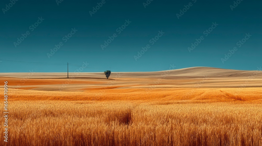 Fototapeta premium Serene Landscape with Golden Wheat Fields Under Clear Blue Sky