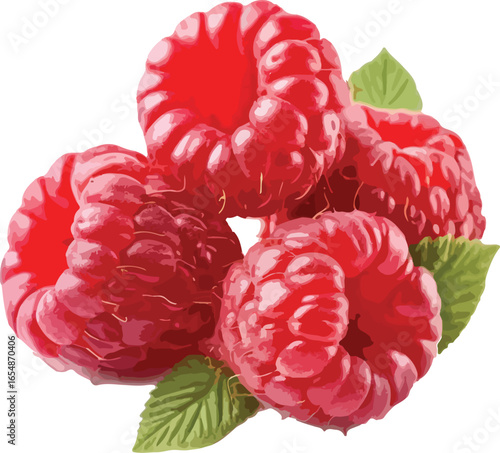 Bunch of ripe red raspberries with green leaves raspberry
