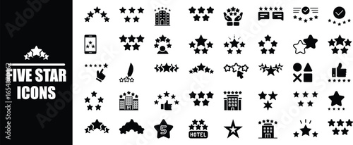 Collection of icon set.Solid icons vector collection. black five star rating and review icons on a black background vector illustration