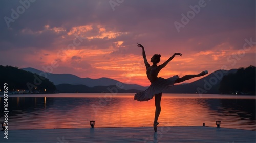 Graceful Ballet Dancer Silhouetted Against Stunning Sunset Over Water
