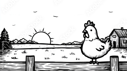 A charming hand-drawn illustration shows a chicken perched on a fence, a sunrise in the background