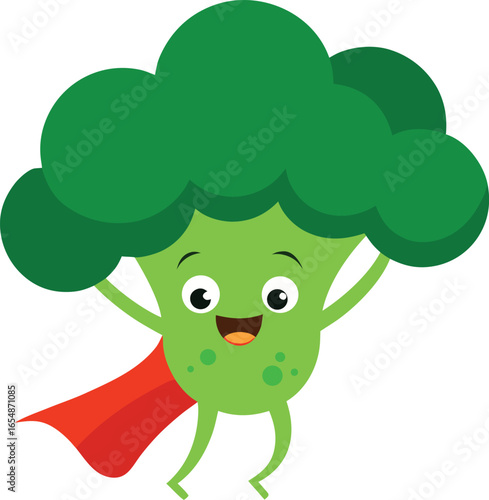 Mischievous broccoli superhero flying with green cape