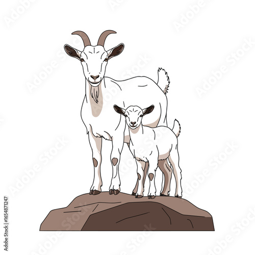 Illustration of a mother goat and her kid standing on a rock, isolated on a white background.
