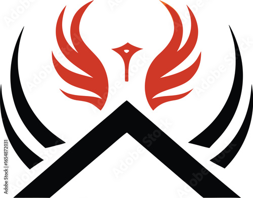 Stylized phoenix rising behind a house silhouette