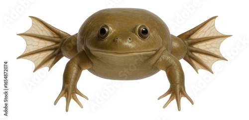 African clawed frog with smooth, olive-brown skin and webbed hind feet