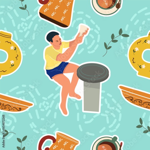 Pottery, workshop, ceramics, dishes seamless pattern in flat design. Hand drawn vector illustration.