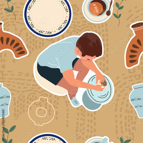 Pottery, workshop, ceramics, dishes seamless pattern in flat design. Hand drawn vector illustration.