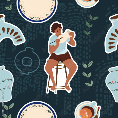 Pottery, workshop, ceramics, dishes seamless pattern in flat design. Hand drawn vector illustration.