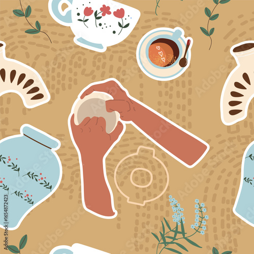 Pottery, workshop, ceramics, dishes seamless pattern in flat design. Hand drawn vector illustration.
