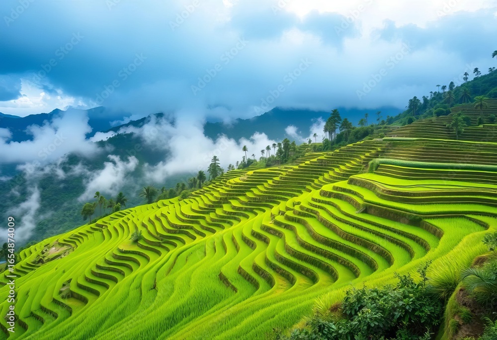Fototapeta premium Emerald terraces climb misty Balinese hills under a brooding sky, landscape, lush