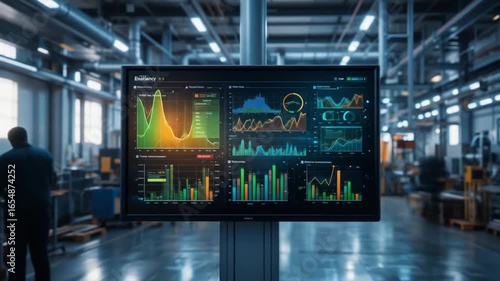 Data visualization on a digital screen displays energy consumption patterns in a modern industrial facility. Dynamic graphs and charts illustrate trends and analytics. 4k video