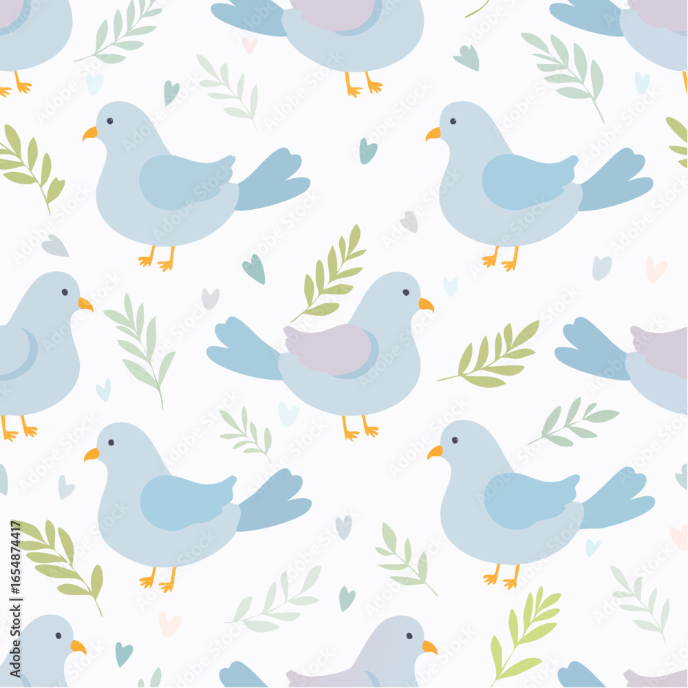 Obraz premium Seamless pattern of adorable doves on white background, great for fabric, wallpapers, wedding stationery, wrapping, and elegant vector artwork.