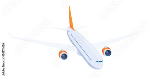 Vector illustration of a passenger aircraft flying above. The design features smooth lines and a combination of white and orange colors, emphasizing a contemporary aesthetic.