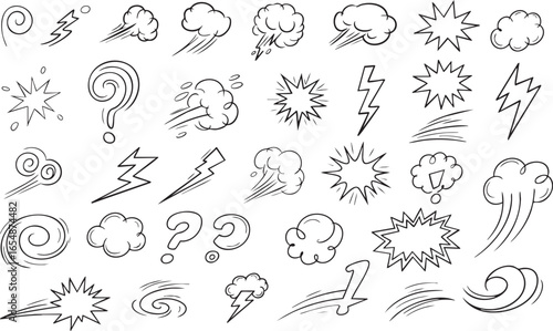 Line movement emotion effect element, cartoon emotion effect decoration icon. Hand drawn effect manga doodle line element arrow, emphasis, shock, sparkle. Expression sign anime line movement vector