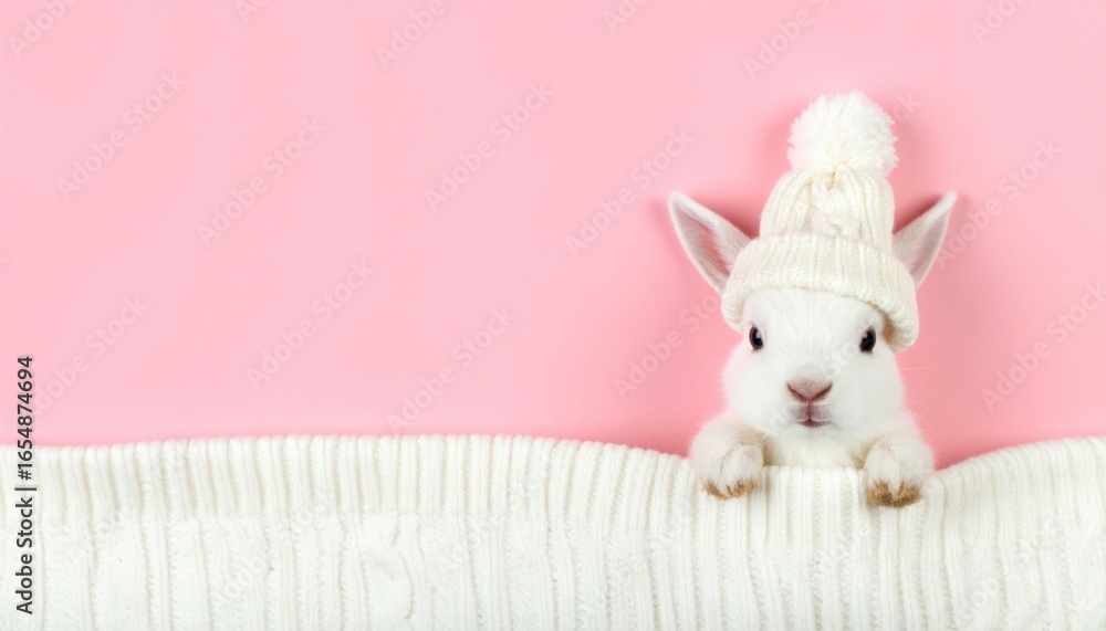 Fototapeta premium Playful bunny in winter hat studio setting cute animal photography pink background adorable perspective whimsical concept