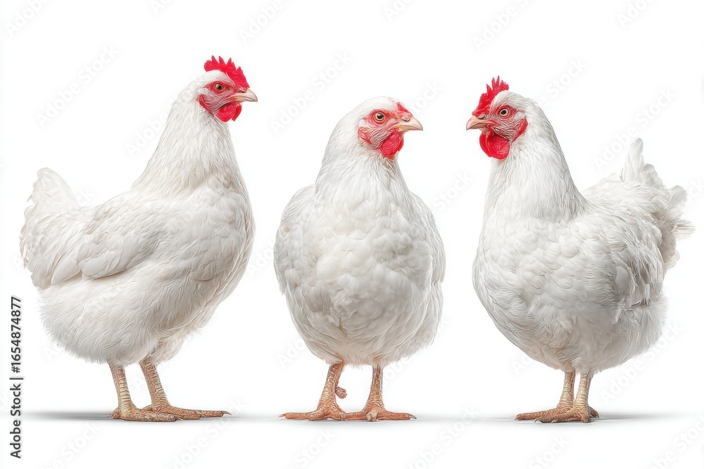 Fototapeta premium Three White Chickens Standing on White Background Poultry Farm Livestock Bird Eye-Level Studio Shot