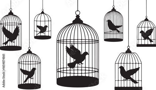 Isolated vector illustration of a vintage gold birdcage with an open door, a symbol of freedom