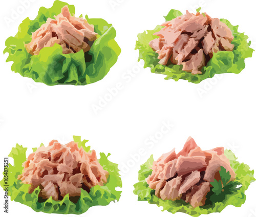 Four piles of flaked tuna on lettuce leaves canned tuna