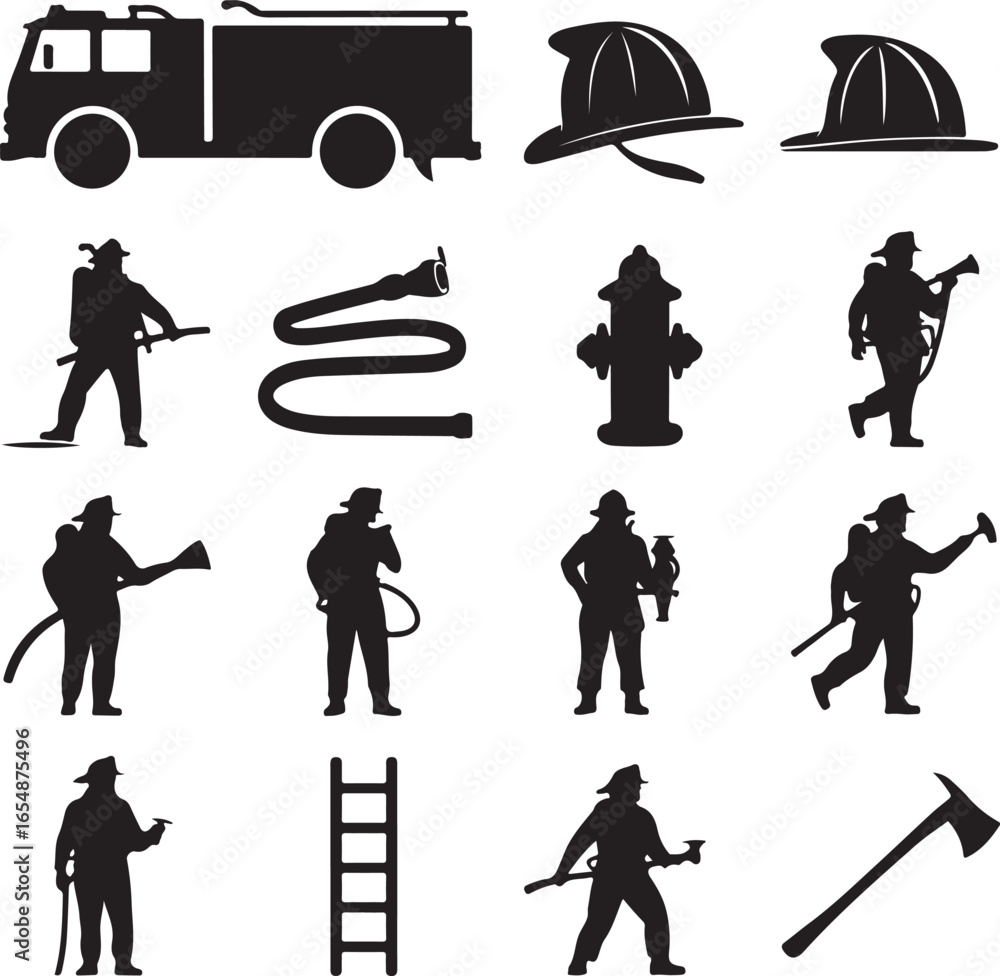 Obraz premium Black silhouettes of firefighters and equipment on a white background fire truck firefighter helmet