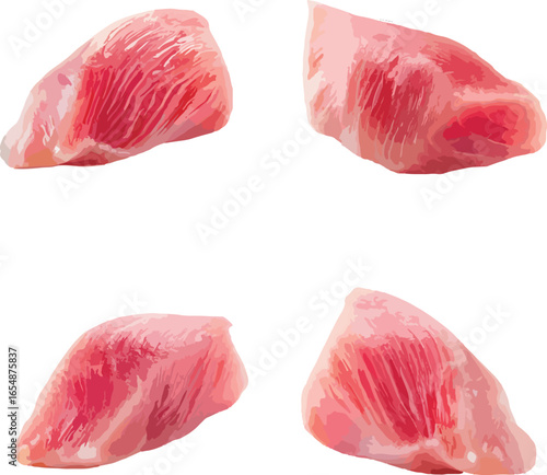 Four raw chicken breast pieces on white background