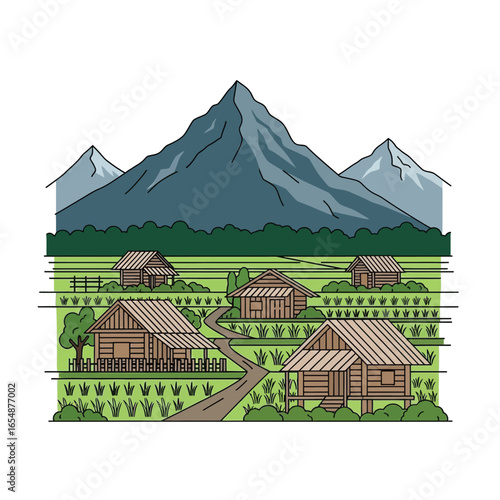 Simple illustration of a rural village nestled in a valley, with a majestic mountain in the background.