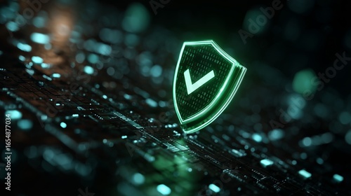 Digital technology background with a green security shield icon, with a check mark, concept for cyber security and data protection technology digital cybersecurity.