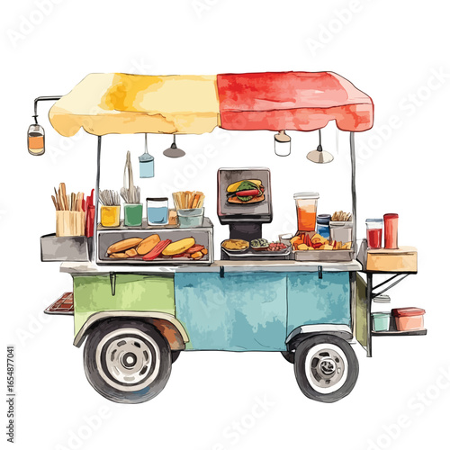 Watercolor Illustration of a Colorful Street Food Cart with Delicious Offerings