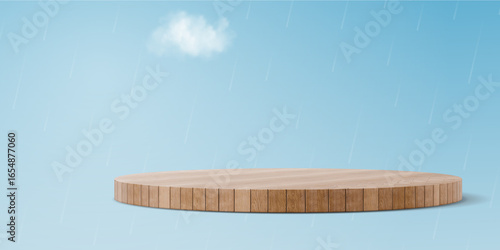 Wooden podium with cloud and rain on blue sky background, empty stage for product presentation template