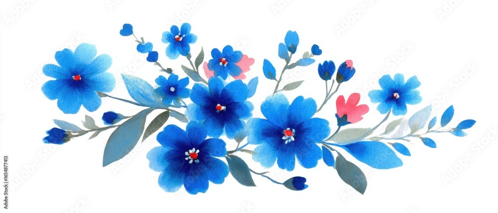 Fototapeta premium Watercolor Floral Arrangement of Blue Flowers with Pink Accents on White Background Delicate Artistic Style