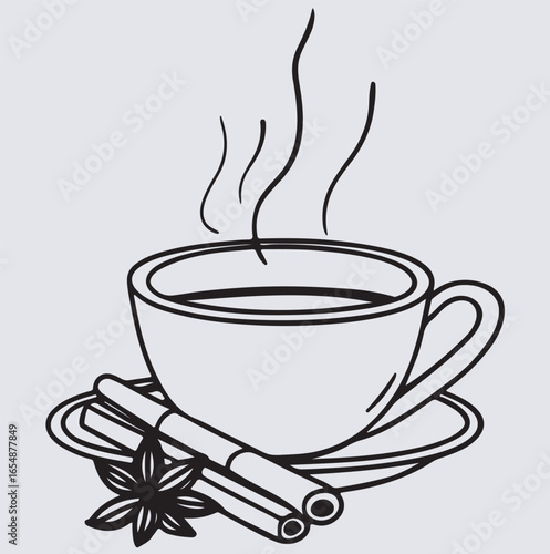 a cup of milk masala tea with cinnamon stick silhouette vector art illustration, cup of coffee with steam